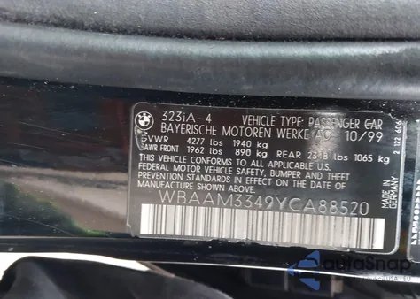2000 BMW 323I from USA, damaged, VIN WBAAM3349YCA88520
